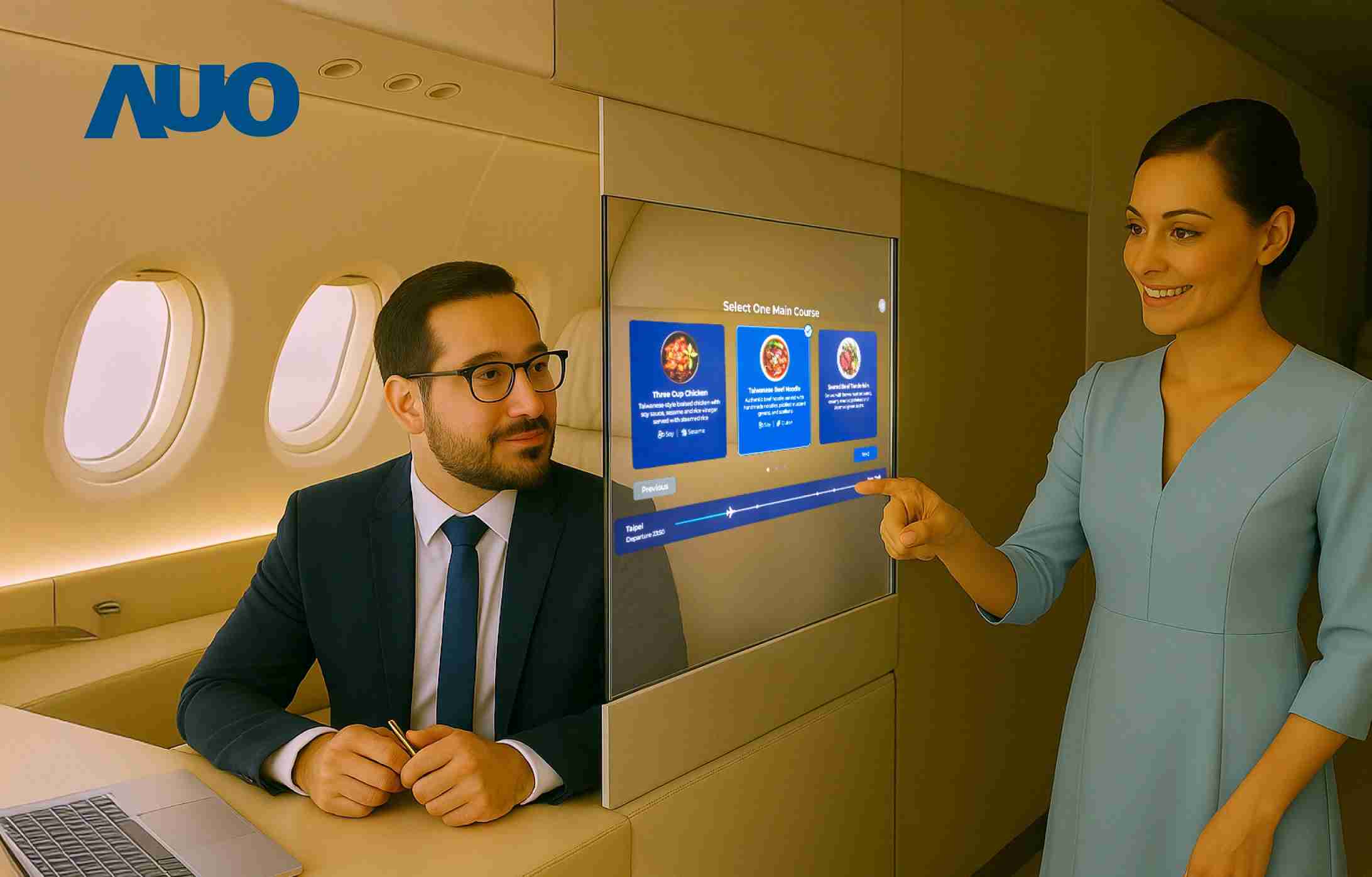 传奇国际研发全球最薄17.3 吋双面透明 Micro LED 显示器，，，，可在同一屏幕之双边投射不同信息，，创造独特的”透明化”互动；图为实时翻译交流应用情境